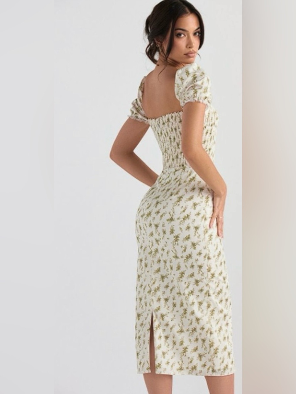 House of CB Cream Bellucci Garden Floral Puff-Sleeve Midi Dress - Picture 2 of 13
